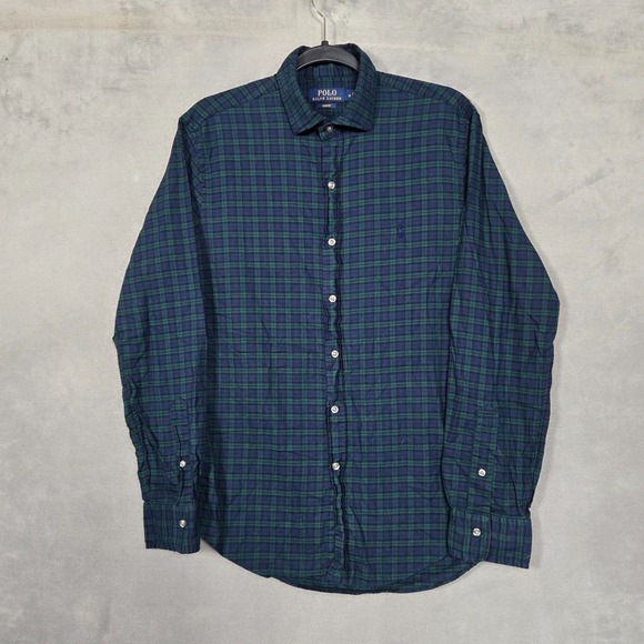 Polo Ralph Lauren Shirt Men Medium long sleeve Slim Fit Green Blue Tartan Plaid - Picture 1 of 10
